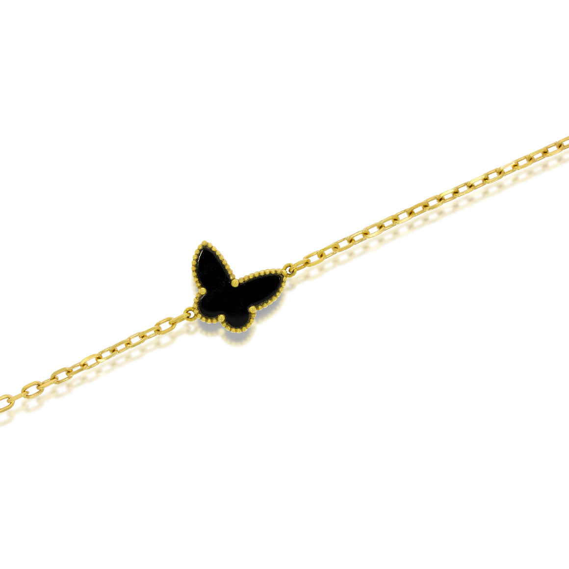 Exquisite Onix butterfly bracelet, 18k Yellow gold spheres surround the 1.55 ct butterfly shape onix stone, Perfect Gentle Gift.
