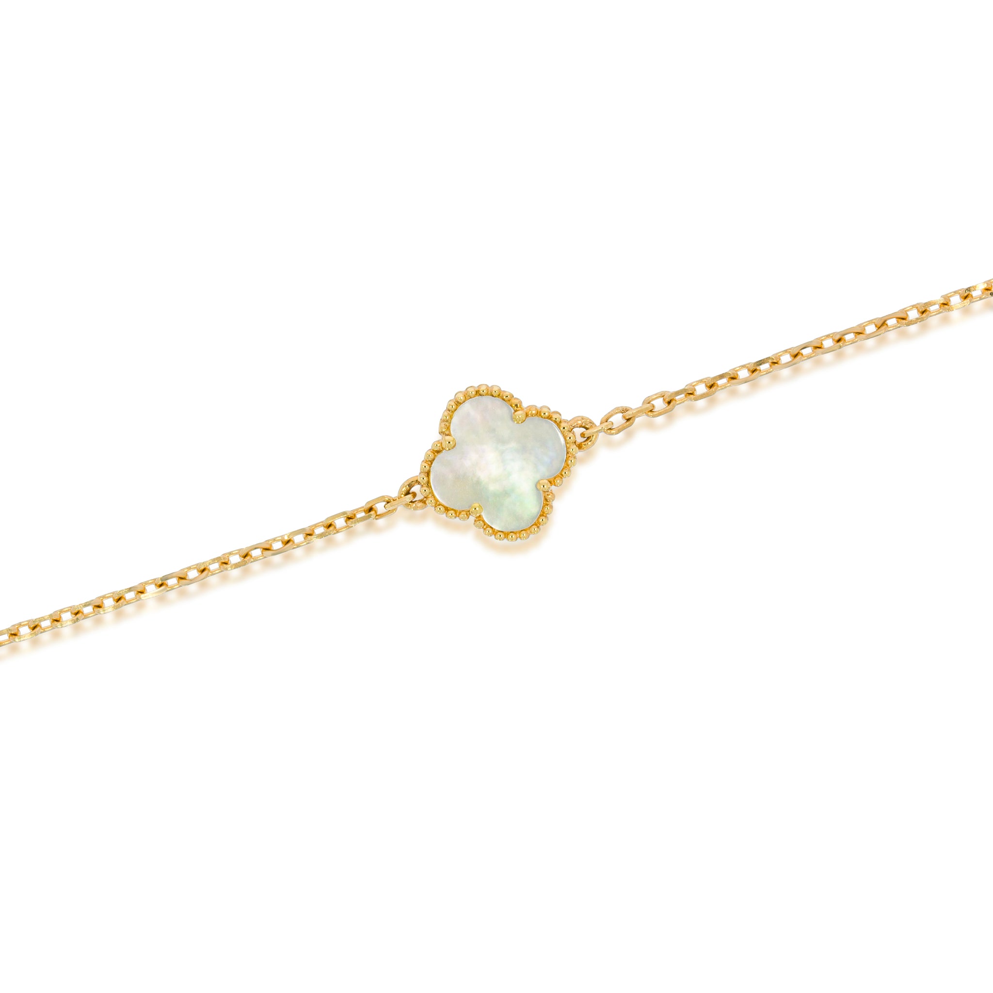 Elegant Bracelet, Mother of pearl Clover bracelet, 18k rose gold, 8.8mm diameter, rose gold balls Surrounding the Mother pearl.