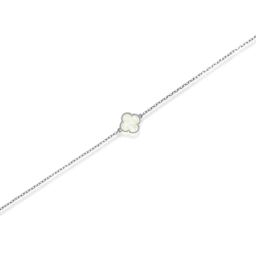 Timeless setting, Mother of pearl Clover bracelet, 18k white gold, 8.8mm diameter, white gold balls Surrounding the Mother pearl.