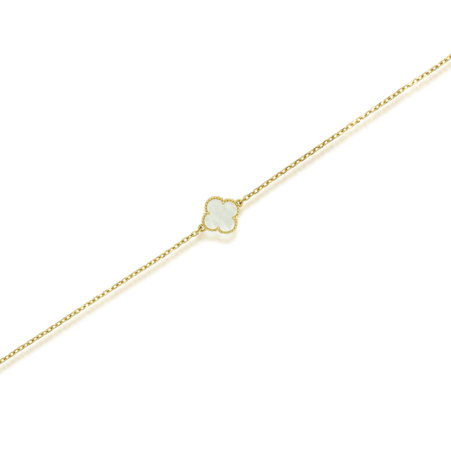 Mother of pearl Clover bracelet, 18k gold, 8.8mm diameter, gold balls Surrounding the Mother pearl all around, timeless setting.