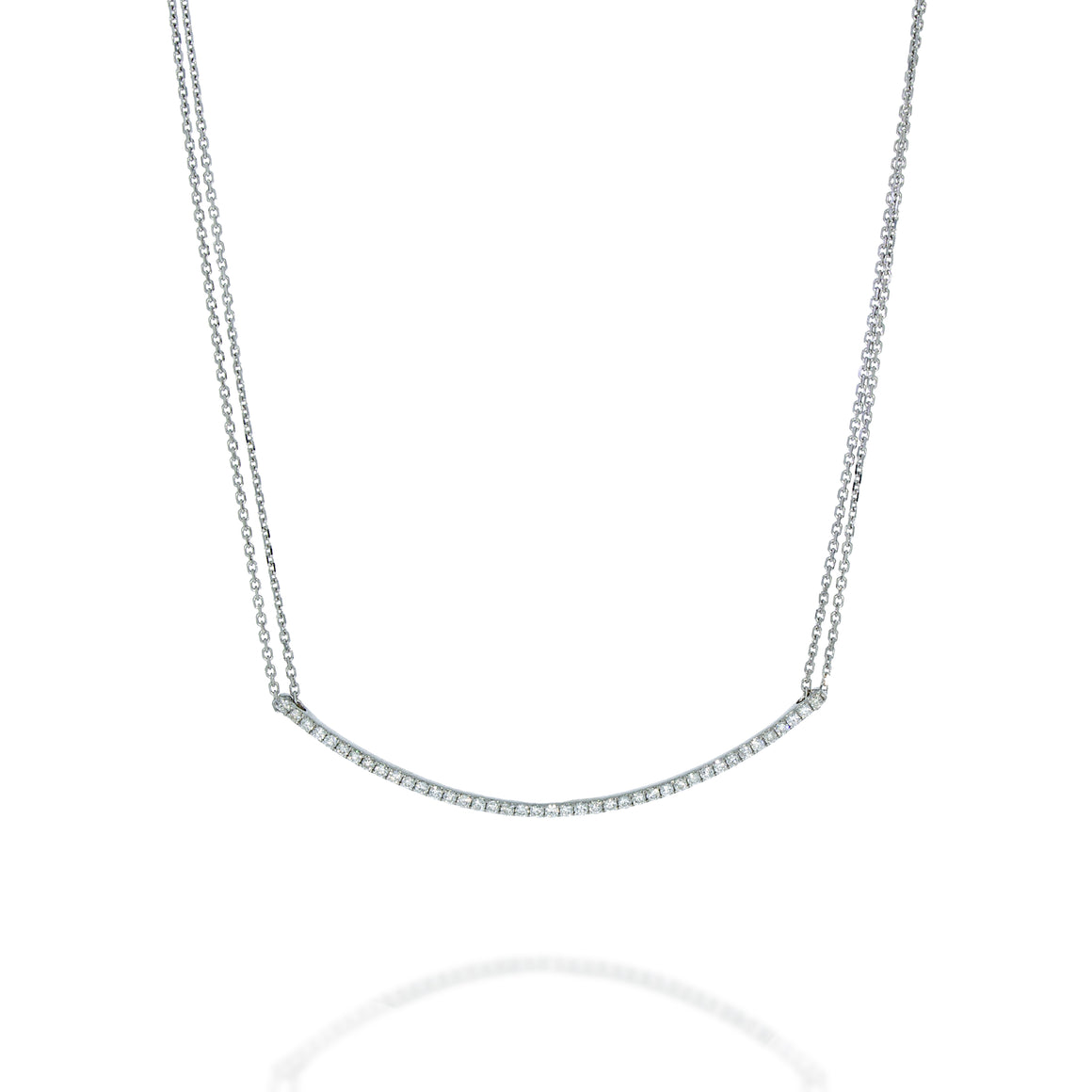 Modern Grace: White Gold Double Chain Necklace with Large 0.36ct gracefully curved bar Pendant that brings modern sophistication to any look