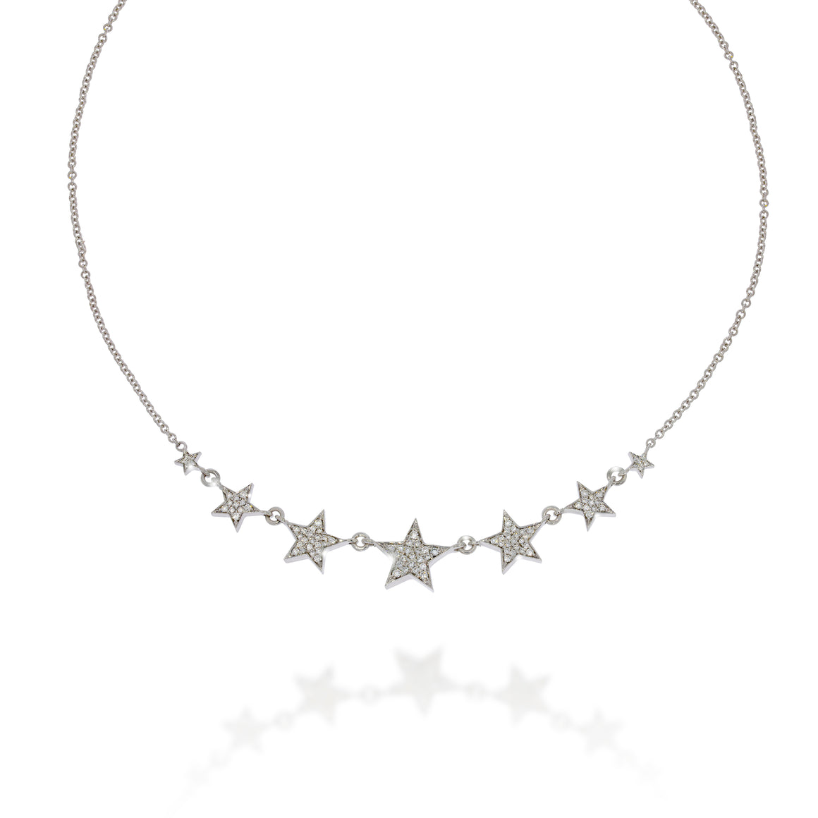 Delicate Charm 0.55ct Pave diamonds, Different sizes of Stars 18k white gold Necklace, beckoning admirers with its magnetic charm.