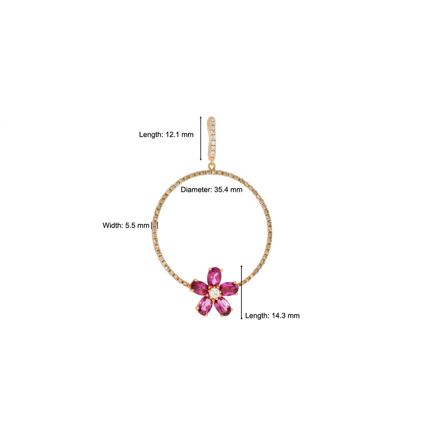 luxurious large Diamonds circles with pink flowers earrings in 18k rose gold dropping from a diamonds bar. Unparalleled elegance.