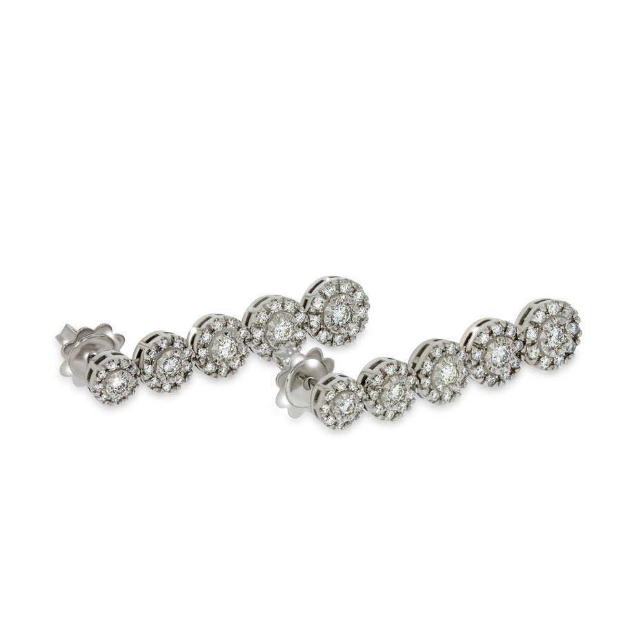 Diamond Dangle Drop Earrings crafted with 5 different size pave round shape 18k white gold, hangs with a graceful and refined elegance.