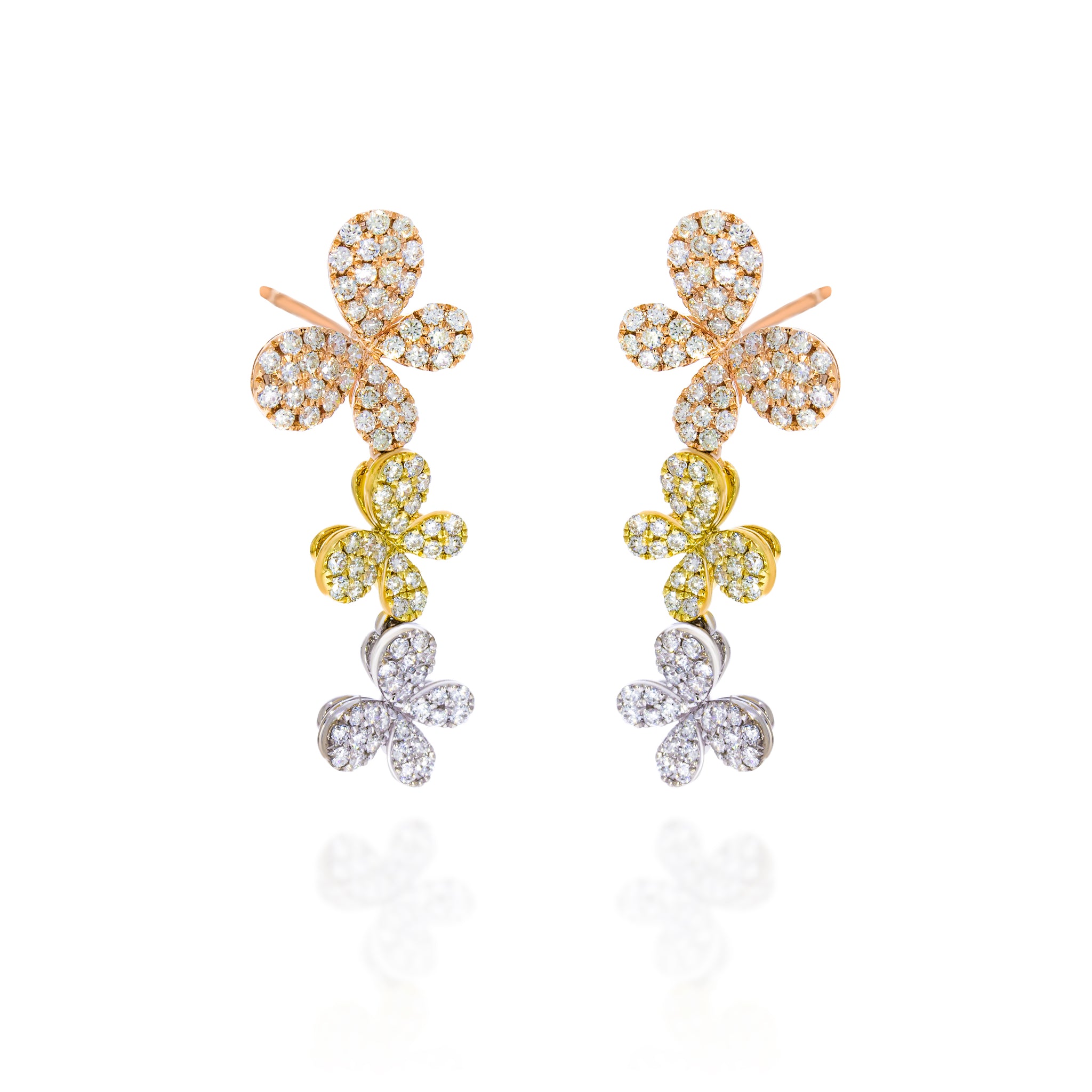 3 gold tone long dangling diamonds earings, 3 butterflys, symbolizing beauty, grace and transformation. 1.74ct champagne and white diamonds