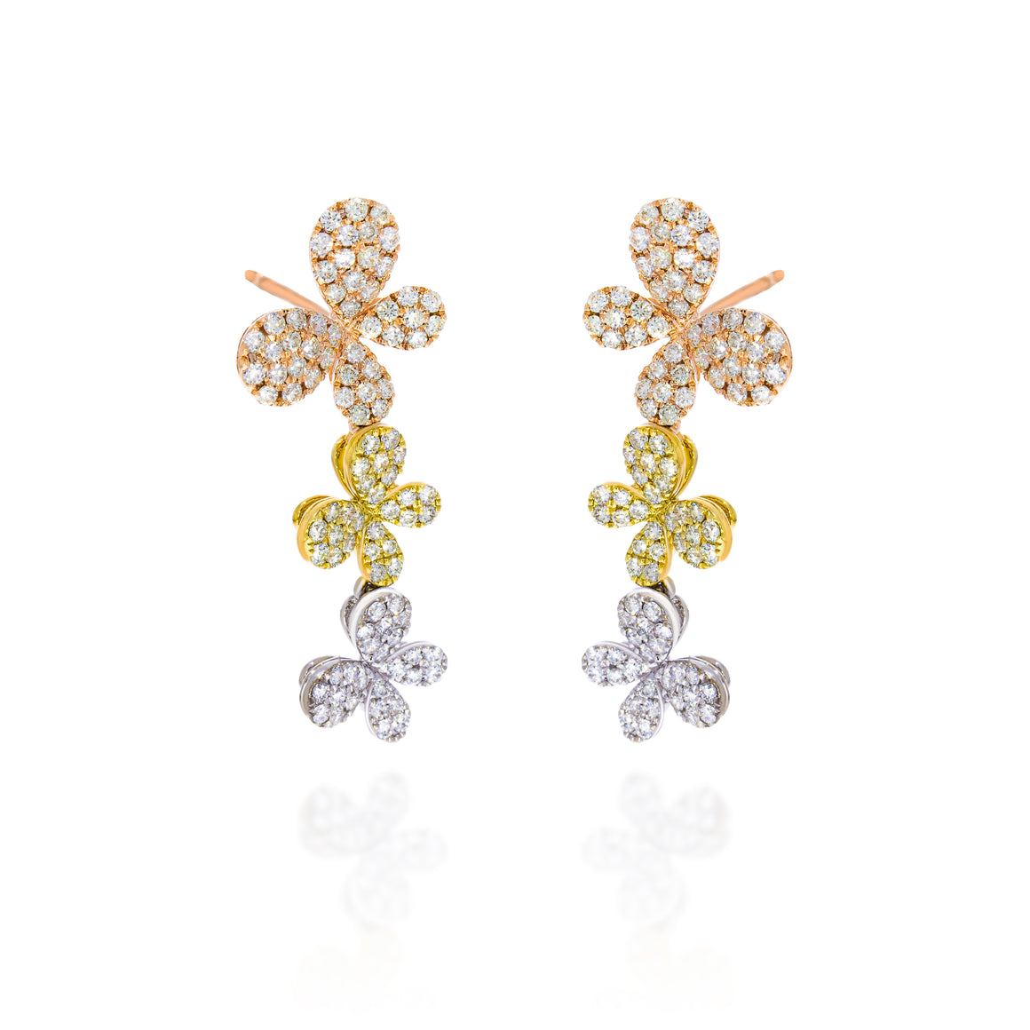 3 gold tone long dangling diamonds earings, 3 butterflys, symbolizing beauty, grace and transformation. 1.74ct champagne and white diamonds