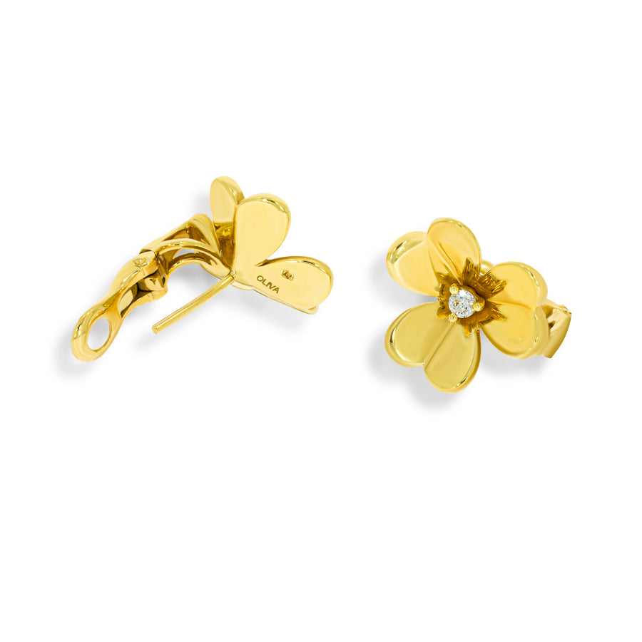 Radiant Blossoms! Diamond stud Flower Earrings, 18k yellow gold heart-shaped petaled flower and a round sparkling diamond in it's center.