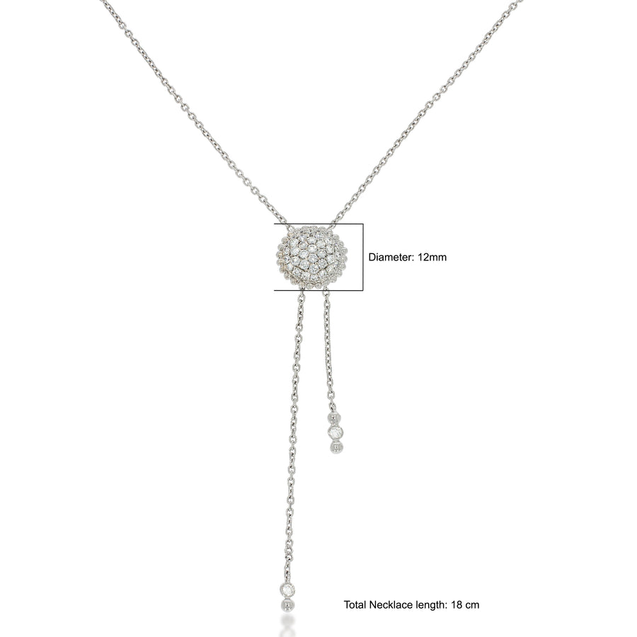 18k  gold Tie Necklace, bezel set with diamonds on the tip of the chain. Round flower shape pave with 37 round diamonds pendant.