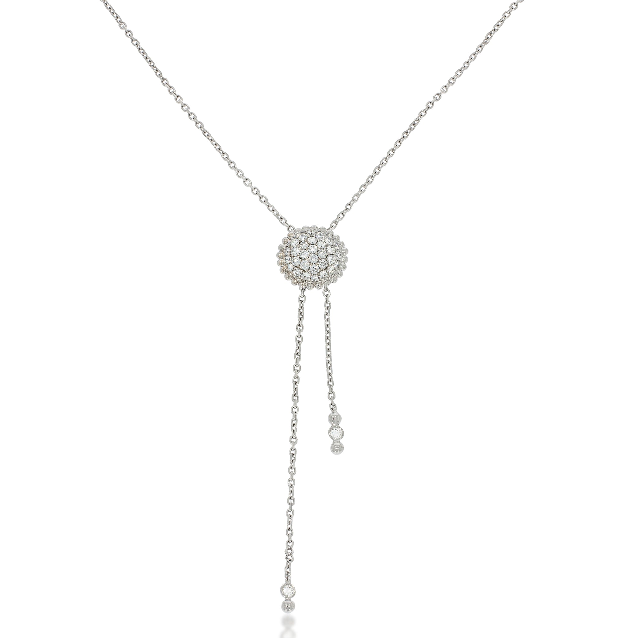 18k  gold Tie Necklace, bezel set with diamonds on the tip of the chain. Round flower shape pave with 37 round diamonds pendant.