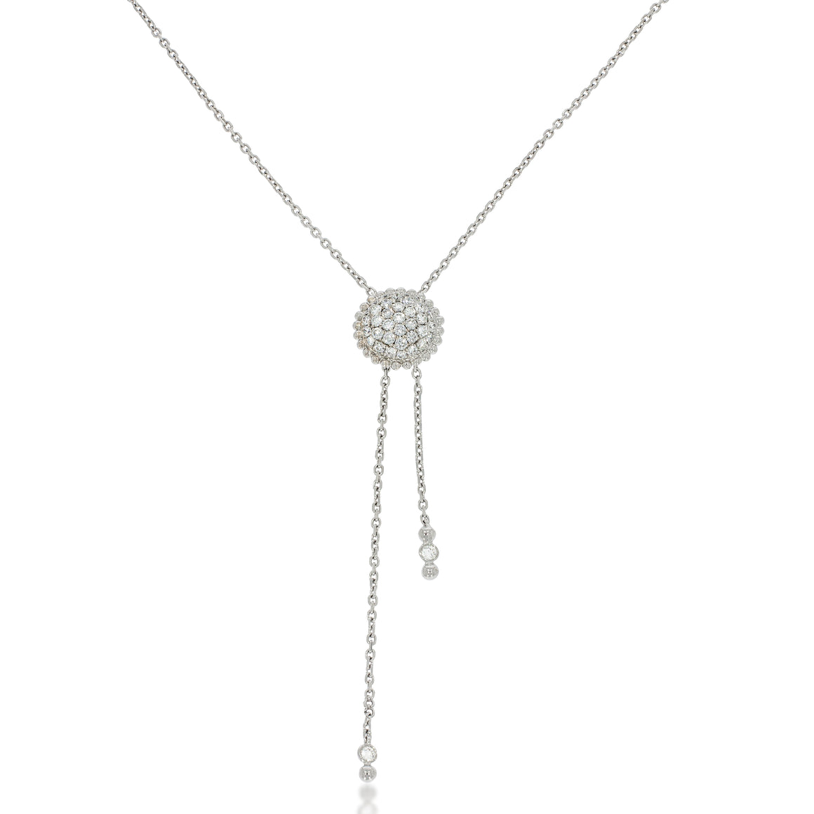 18k  gold Tie Necklace, bezel set with diamonds on the tip of the chain. Round flower shape pave with 37 round diamonds pendant.