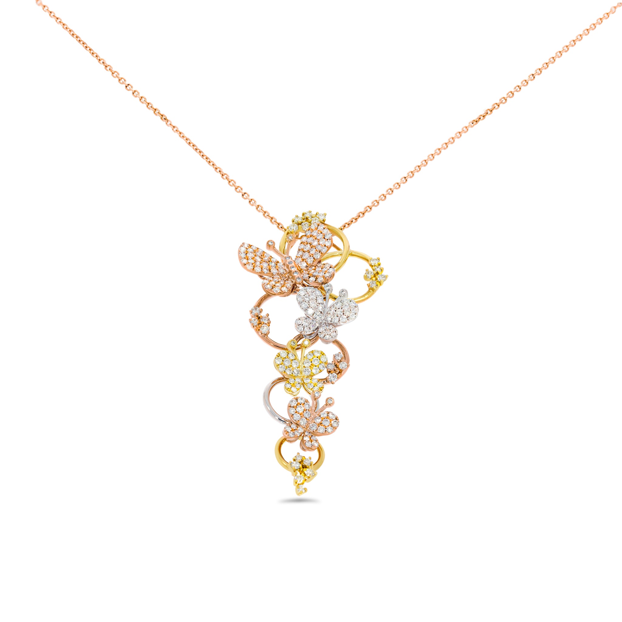 Long curved pendant in 3 gold tones designed with 4 motifs of pave butterflies and 6 circles decorated with diamonds. Very luxurious Pendant