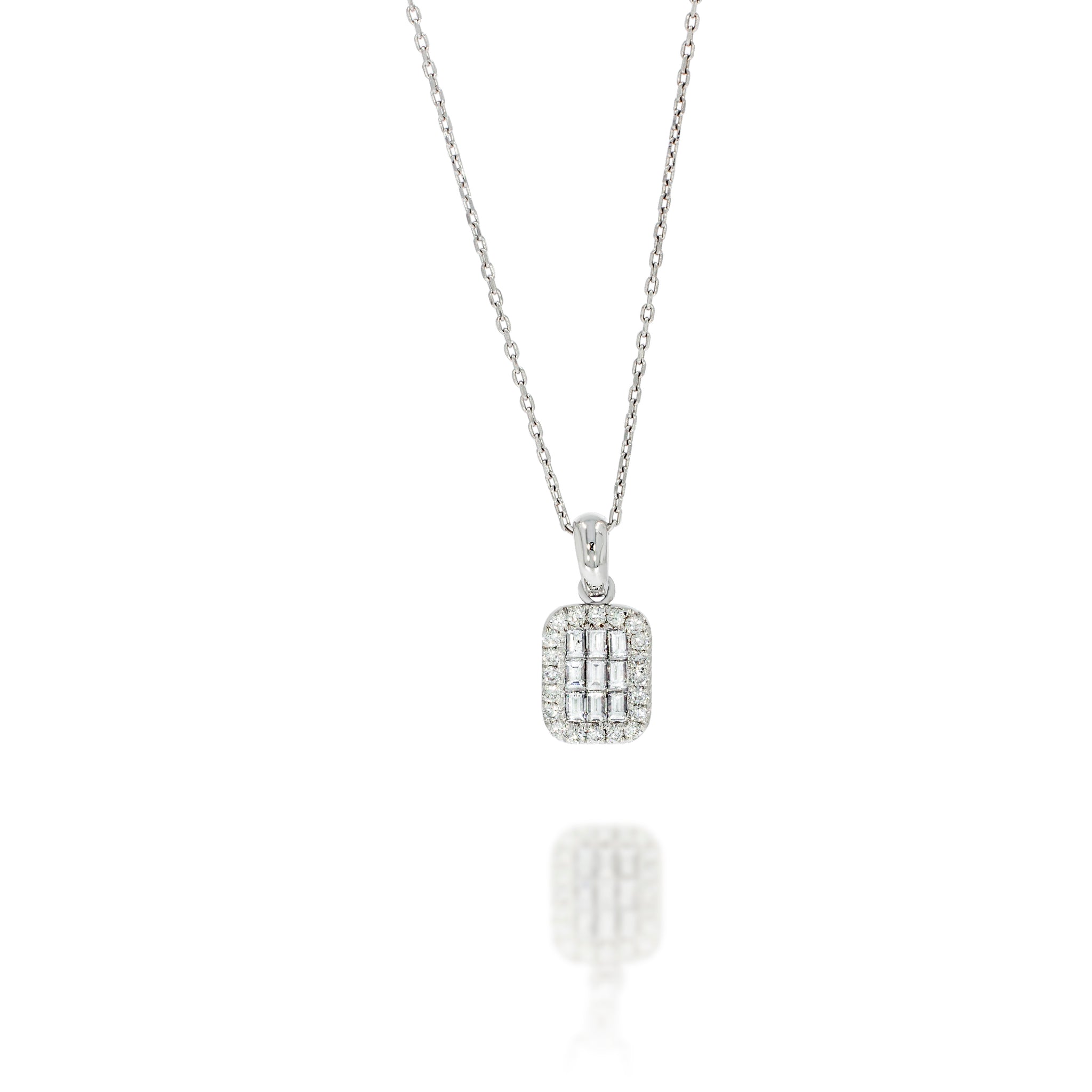 A classic pendant invisible set 0.45ct baguette diamonds and 0.50ct round diamonds around ensuring you radiate elegance on any occasion.