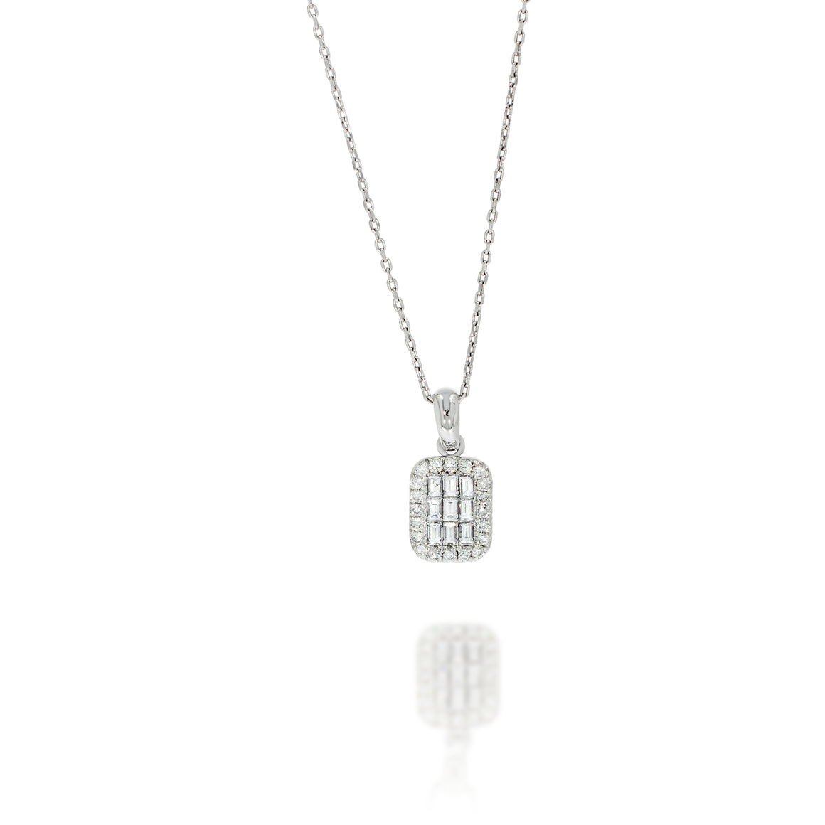 A classic pendant invisible set 0.45ct baguette diamonds and 0.50ct round diamonds around ensuring you radiate elegance on any occasion.
