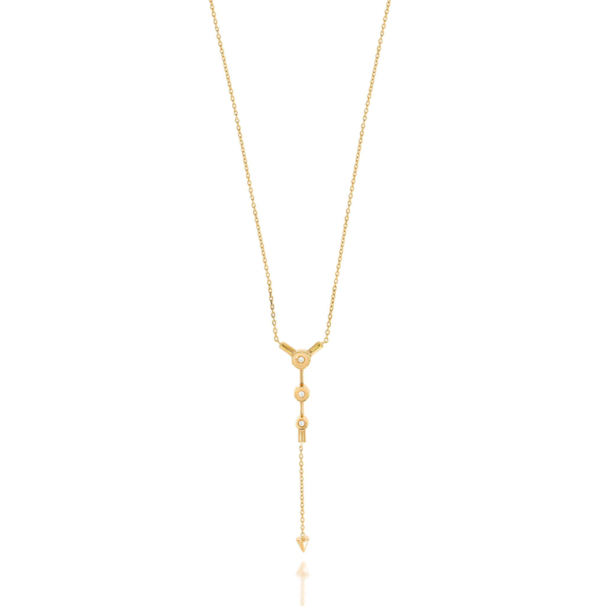 Elongated design 18k rose gold Pendant, trio invisible settings diamonds and pendulum that adds movement, length and attention to the necklace.
