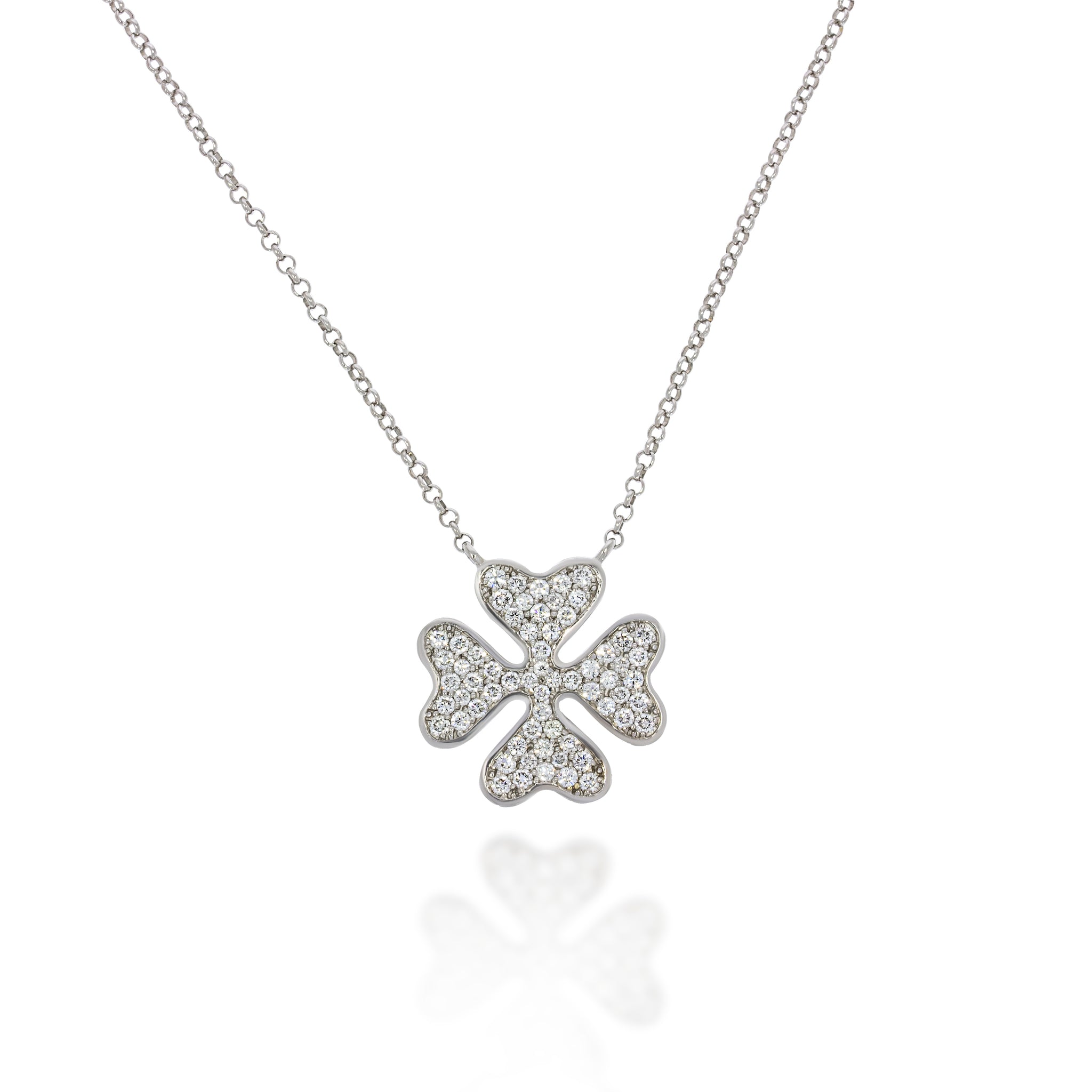 Clover necklace 18K white gold chain, Diamonds Pave Clover design pendant, set with 1.00 ct. Prefect wedding wear/ gift.