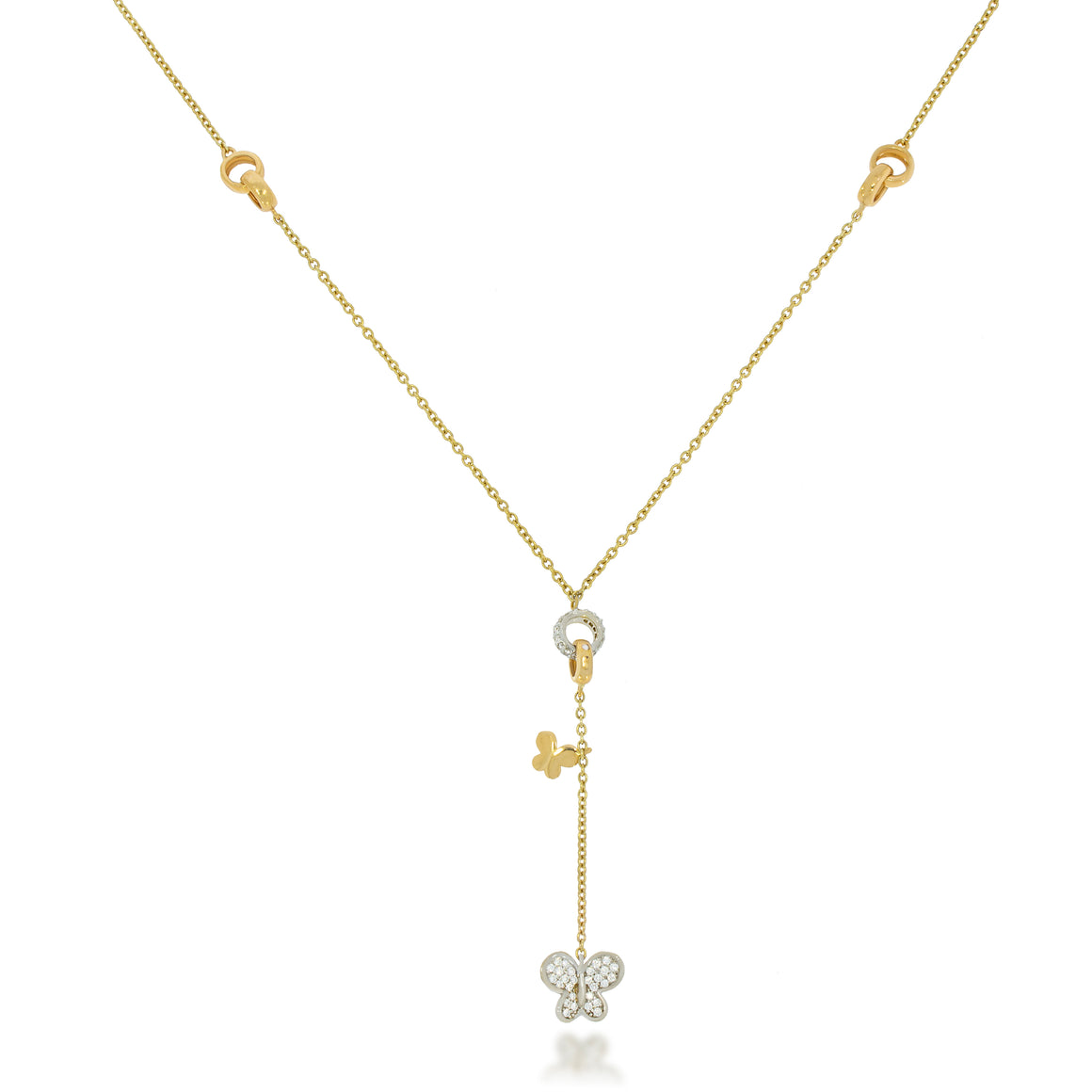 Dangling Charm butterflys and gold bead Necklece, hanging pandants, tow tone gold, 18k rose gold and White gold Set with 60 round diamonds.