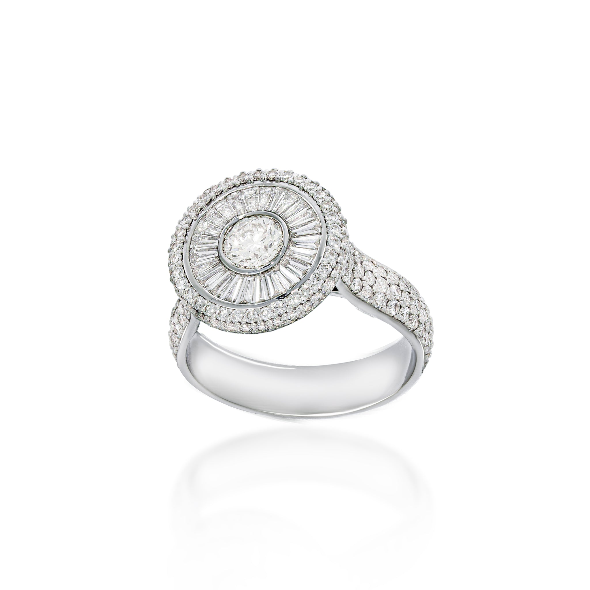 Special Engagement Ring 18k white golt set with 1.93 carat with round and baguette shaped diamonds. extraordinary ring for her.