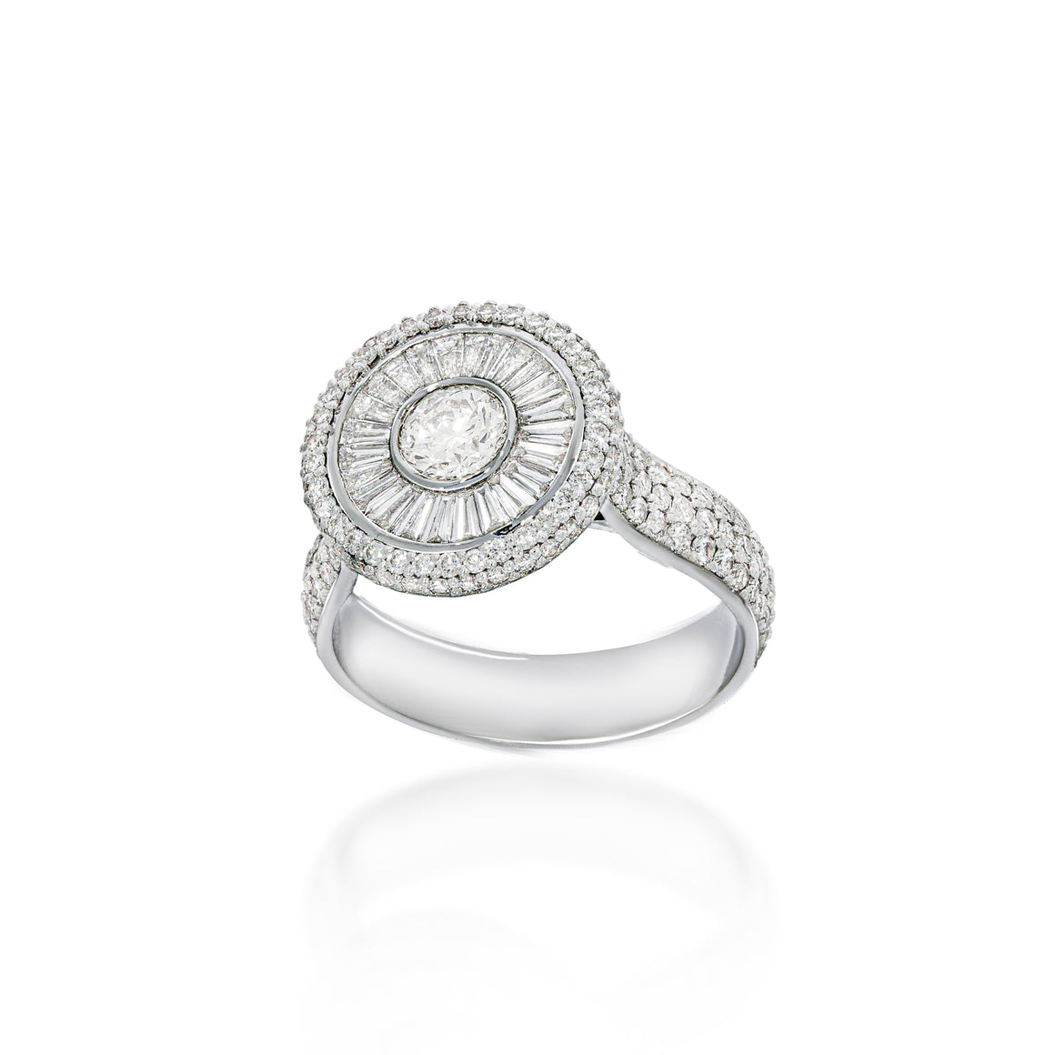 Special Engagement Ring 18k white golt set with 1.93 carat with round and baguette shaped diamonds. extraordinary ring for her.