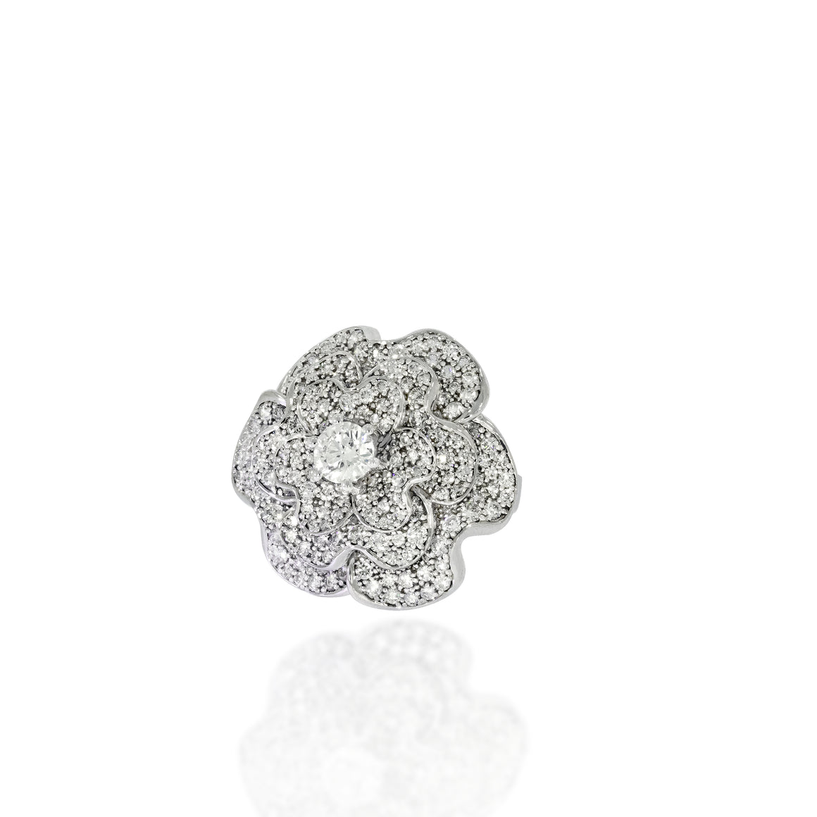 luxurious design of large diamonds flower ring, Petals are arranged in three rows one on top of the other. The Center Diamond 0.45ct round.