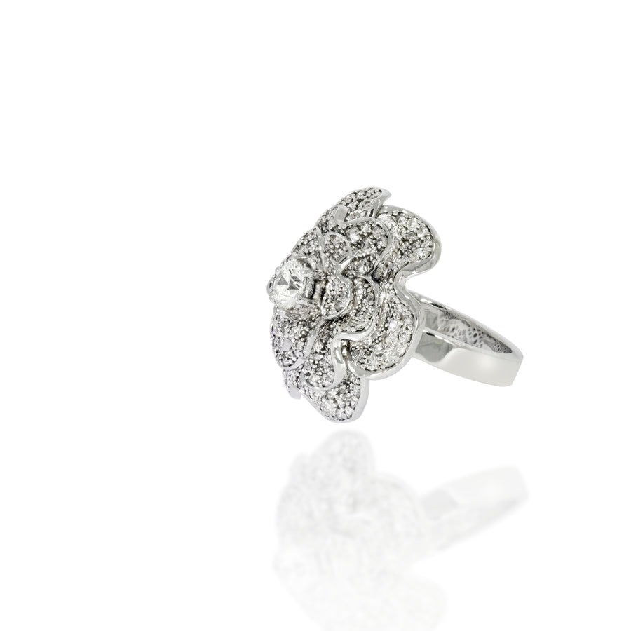 luxurious design of large diamonds flower ring, Petals are arranged in three rows one on top of the other. The Center Diamond 0.45ct round.