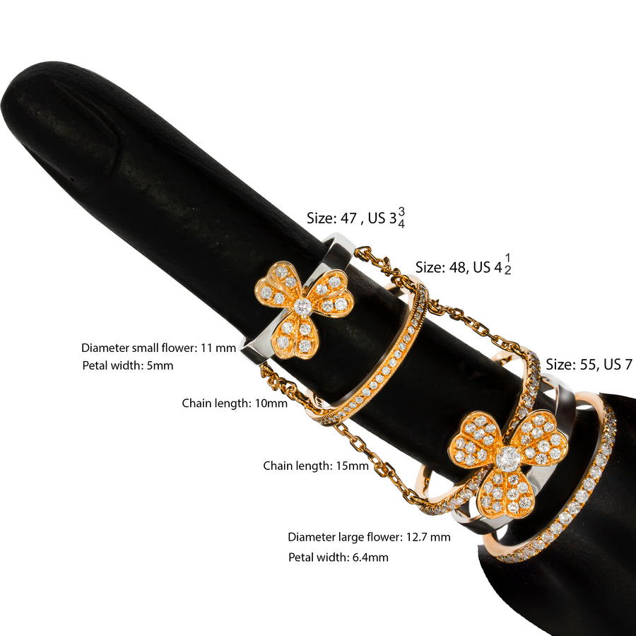 Long Ring, 2flowers diamonds ring, Diamond slave ring, Knuckle Ring/Full Finger Ring. Three diamonds eternity attached with rose gold chain.