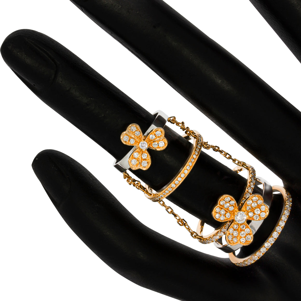 Long Ring, 2flowers diamonds ring, Diamond slave ring, Knuckle Ring/Full Finger Ring. Three diamonds eternity attached with rose gold chain.