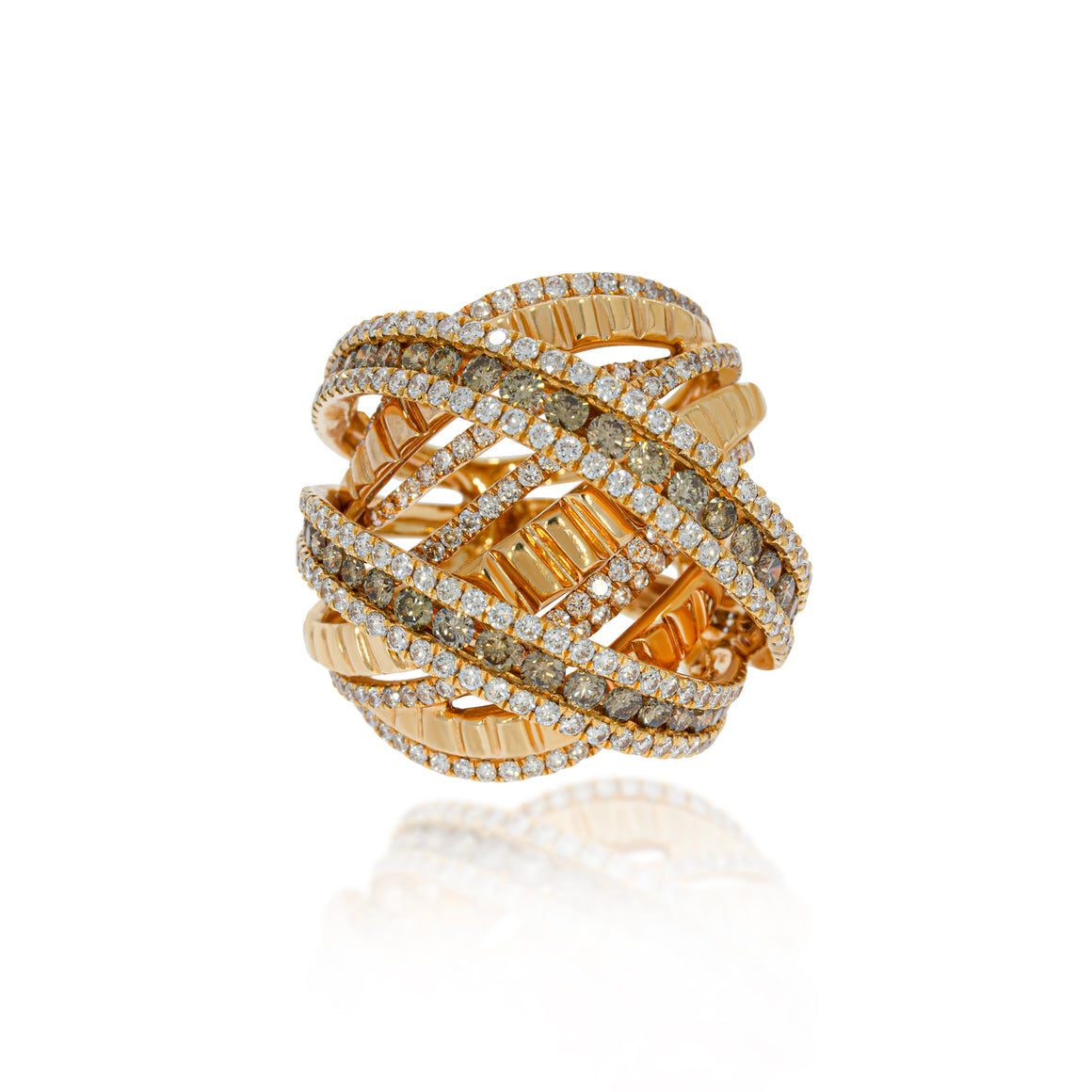 Glamorous Cocktail Diamond Ring, Criss-Cross, Multi-Row, multi layer ring. 18k rose Gold set with Round Brilliant Champagne and white Diamonds