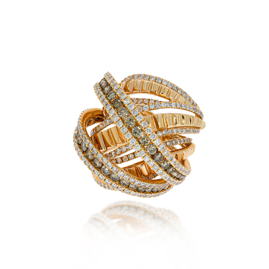 Glamorous Cocktail Diamond Ring, Criss-Cross, Multi-Row, multi layer ring. 18k rose Gold set with Round Brilliant Champagne and white Diamonds