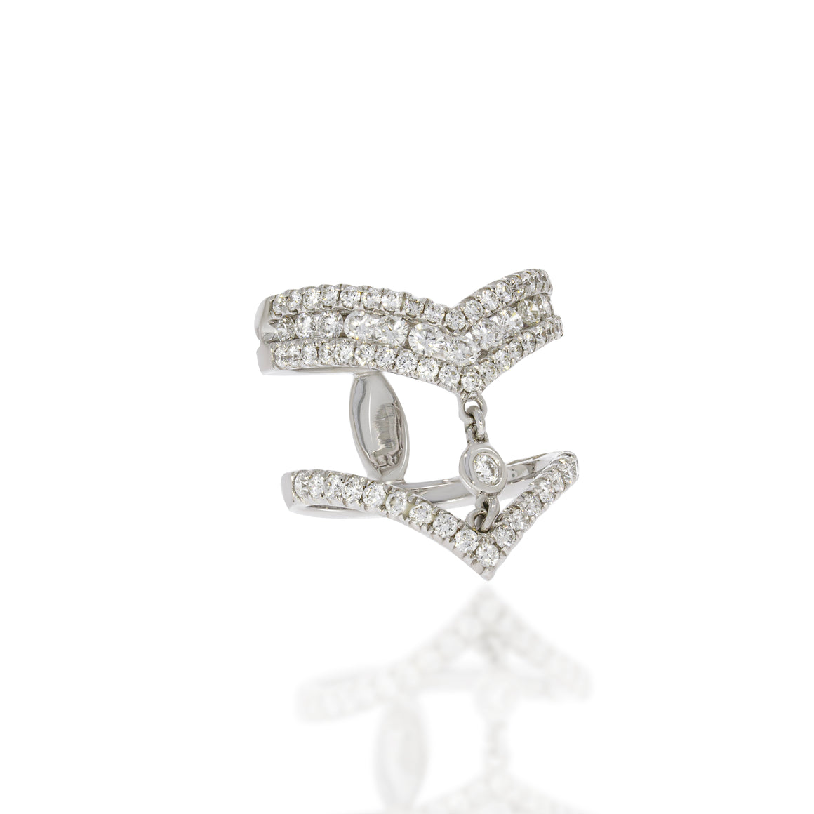 Multy layers long V ring, 18k white gold, pave with 73 round diamonds. A unique design for a perfect Anniversary gift, declaration of love.