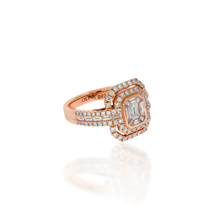 Stunning Invisible Setting Ring big single centerded 1 brilliant cut Baguette diamonds 0.20 ct. surrounded by 1.32 sparkling diamonds.