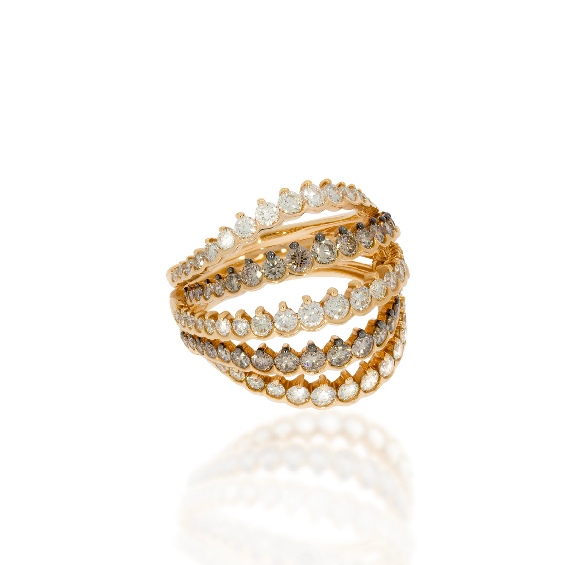 Glamorous piece, Multi Row 2.76ct Diamond Ring, 3 layers set with white round diamonds and 2 with champagne diamonds.