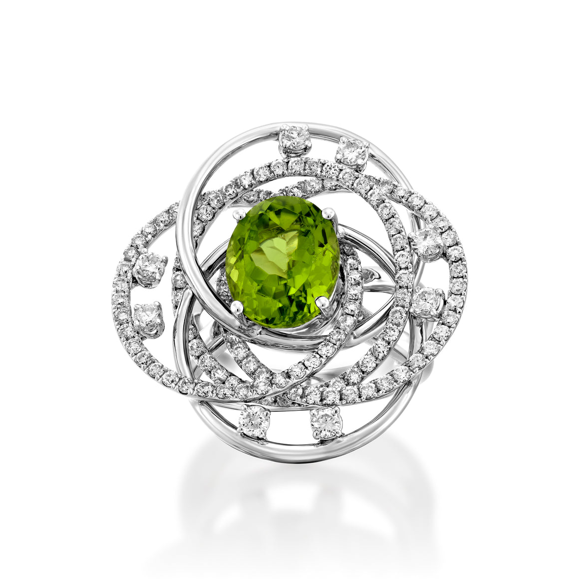 Peridot and diamonds engagement ring - 18K white gold flower shape pave with 1.89ct round diamonds, big Peridot on center.