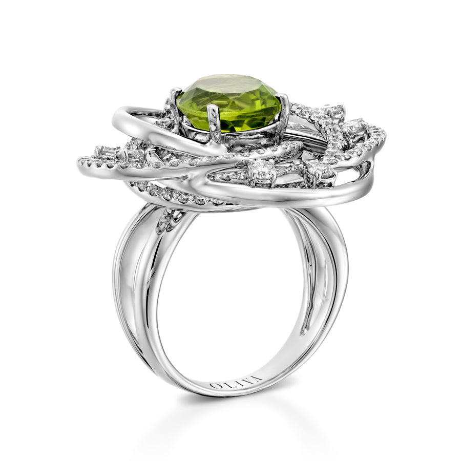Peridot and diamonds engagement ring - 18K white gold flower shape pave with 1.89ct round diamonds, big Peridot on center.