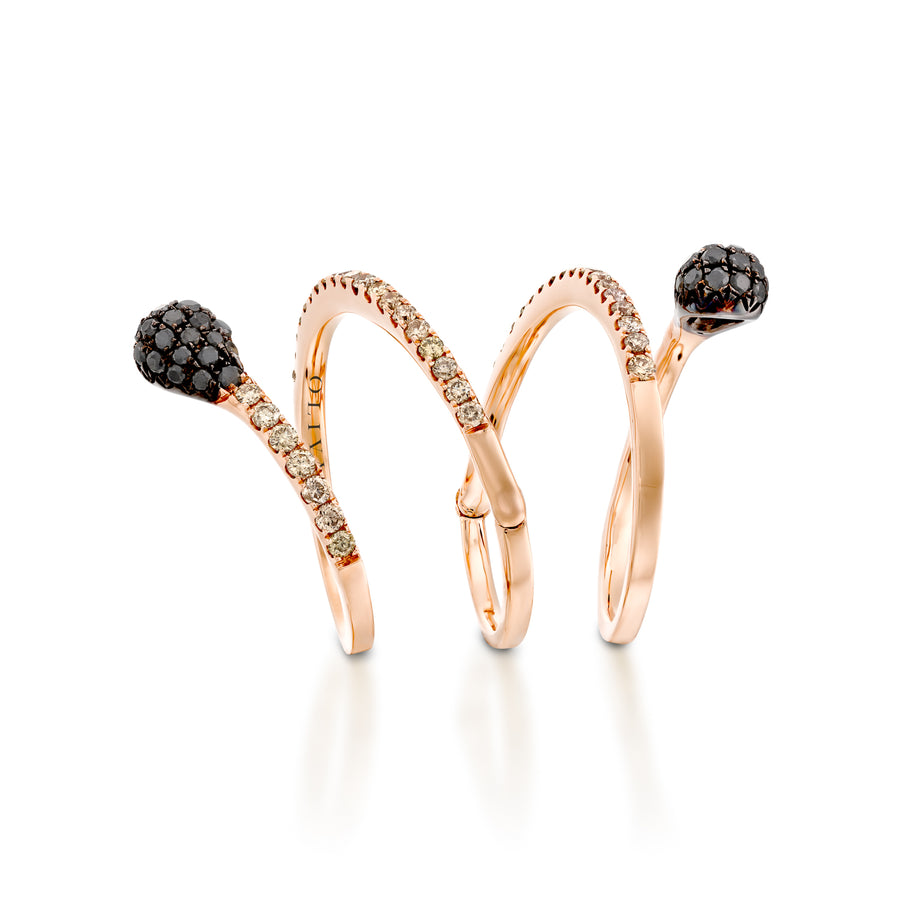 RNEJ14004-Rose gold Spiral diamond ring with black diamonds heads
