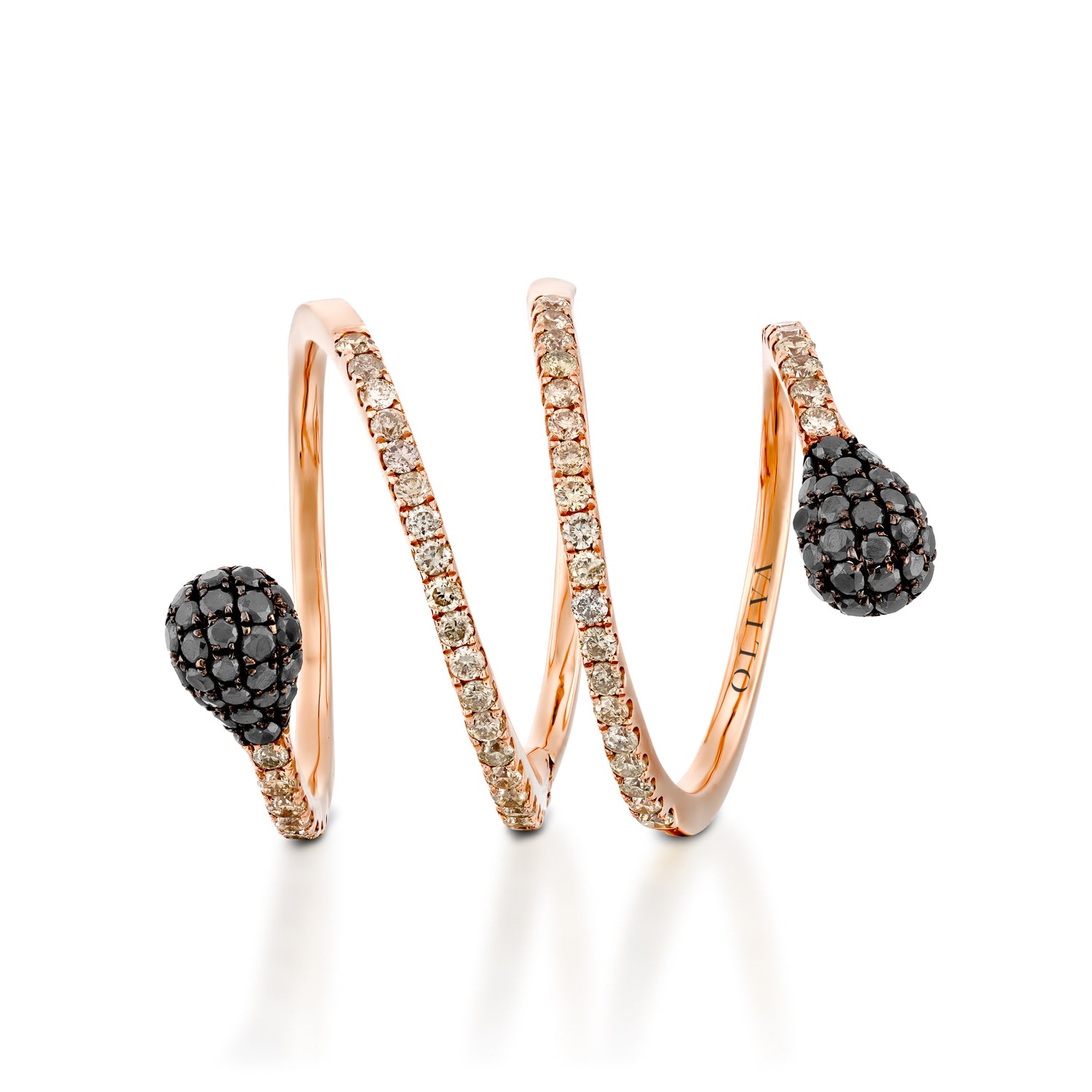 RNEJ14004-Rose gold Spiral diamond ring with black diamonds heads