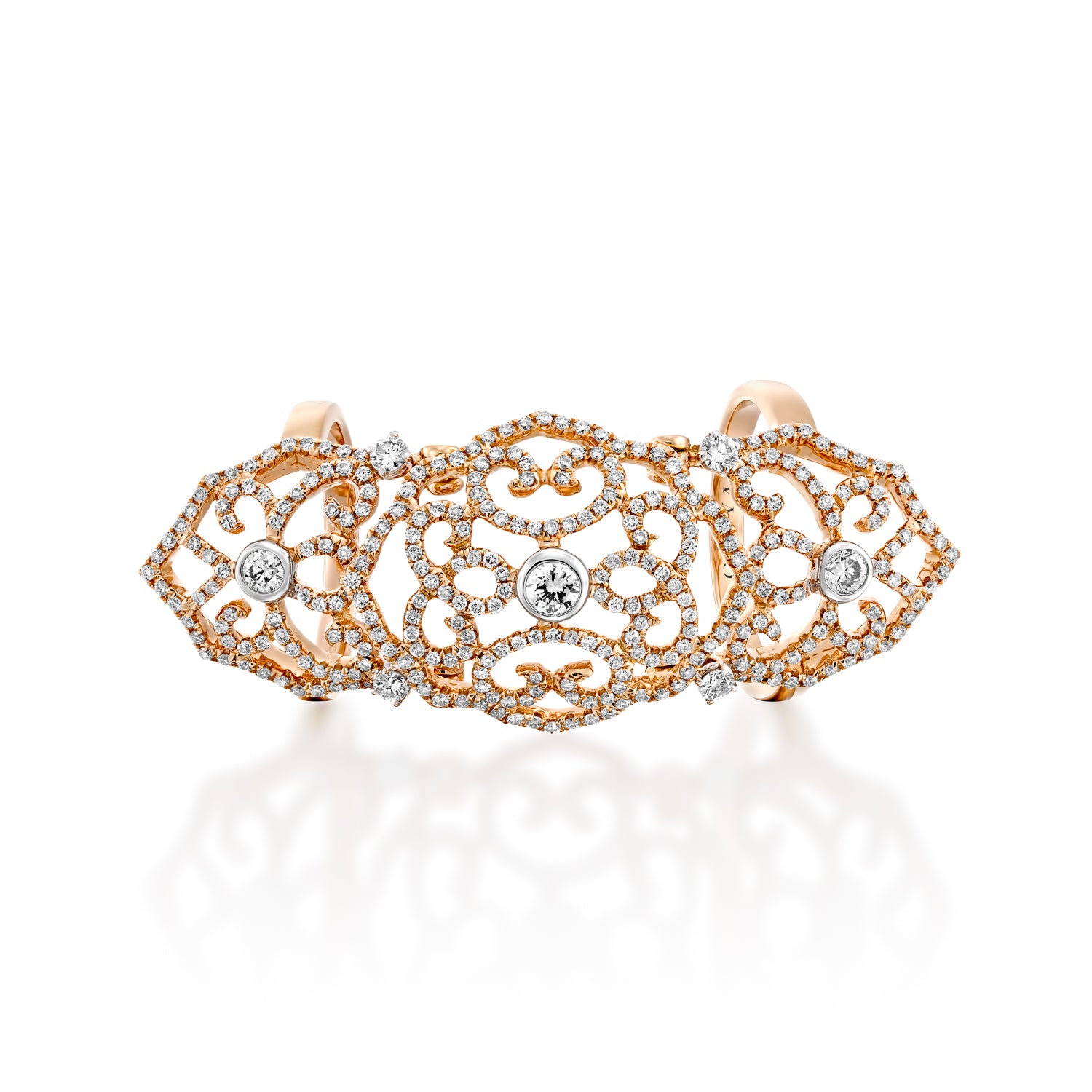 RNEJ13595-Red gold diamond filigree knuckle ring