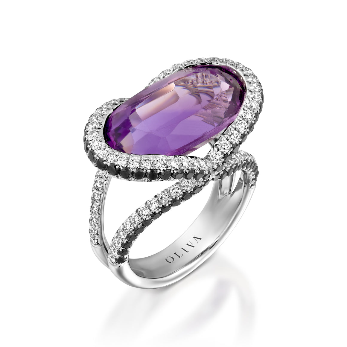 R8179-18k white gold Black and white Diamond amethyst ring