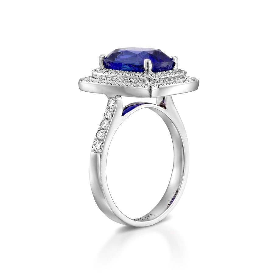 5.5 Carat Cushion cut tanzanite and diamond ring