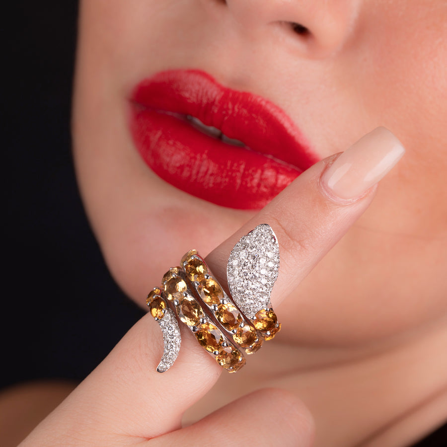 RNAT86619-White gold and citrine gemstone snake ring