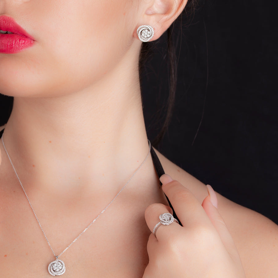 Halo pendant flower Shape with spiral diamonds around it. 0.47ct, 49 round natural sparkling diamonds, very Unique design, wedding set