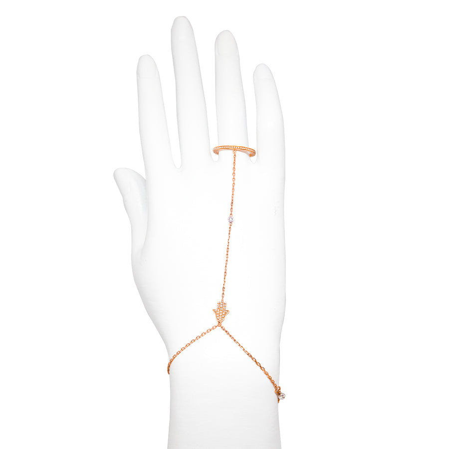 Diamond Ring attached to bracelet | 57 round diamonds in 18K Rose gold very delicate and jewelry | Hamsa slave bracelet - hand chain