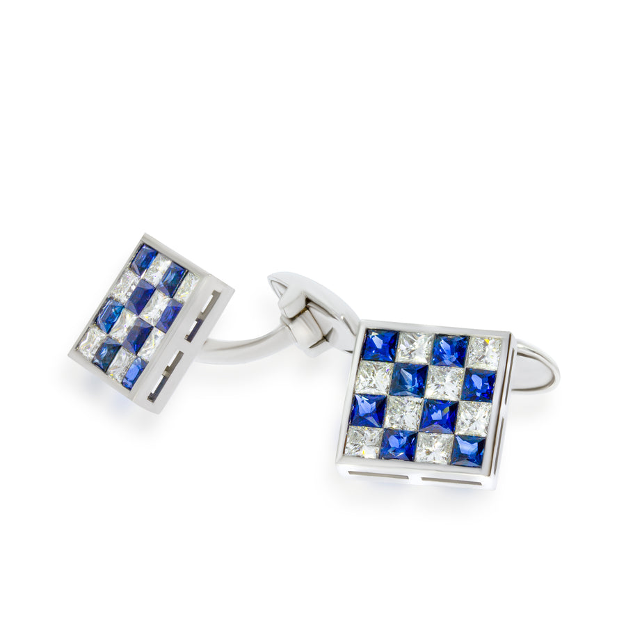 Classic Cufflinks Invisible Set with Slots of diamonds and blue Sapphir on 18k white gold, Square Cut. Elegant Diamonds Cufflinks.