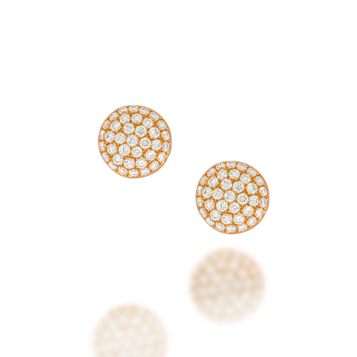 Round Pave Diamond Stud Earrings | 74 round brilliant cut diamonds set in 18k rose gold round stud earrings | sparkling stud wedding earring