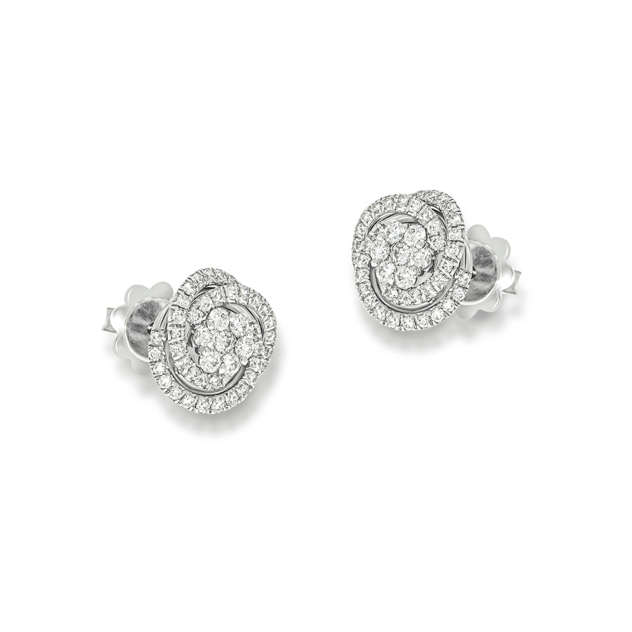 Halo Stud Earrings flower Shape with spiral diamonds around it.0.68 ct, 104 round natural sparkling diamonds, very Unique design, wedding set