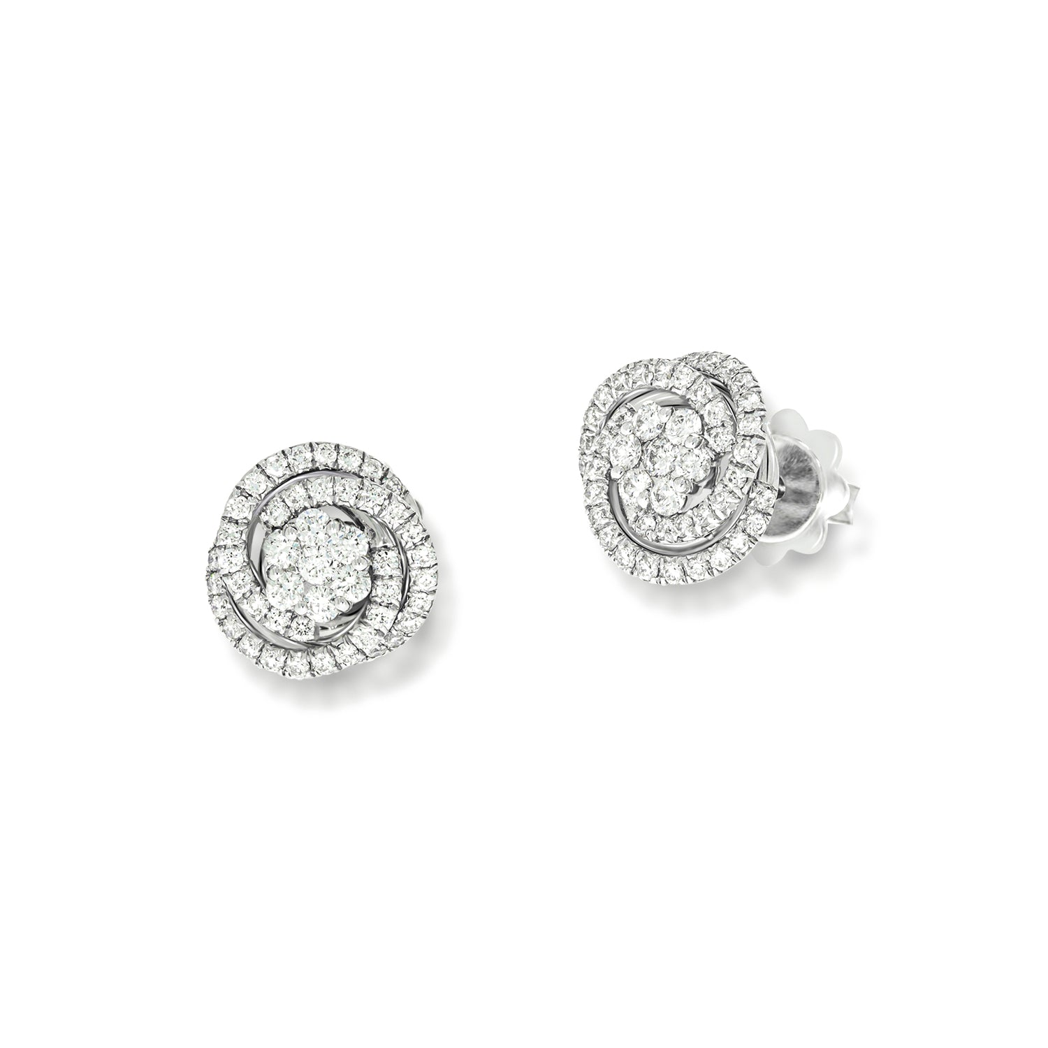 Halo Stud Earrings flower Shape with spiral diamonds around it.0.68 ct, 104 round natural sparkling diamonds, very Unique design, wedding set