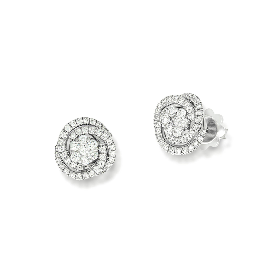 Halo Stud Earrings flower Shape with spiral diamonds around it.0.68 ct, 104 round natural sparkling diamonds, very Unique design, wedding set
