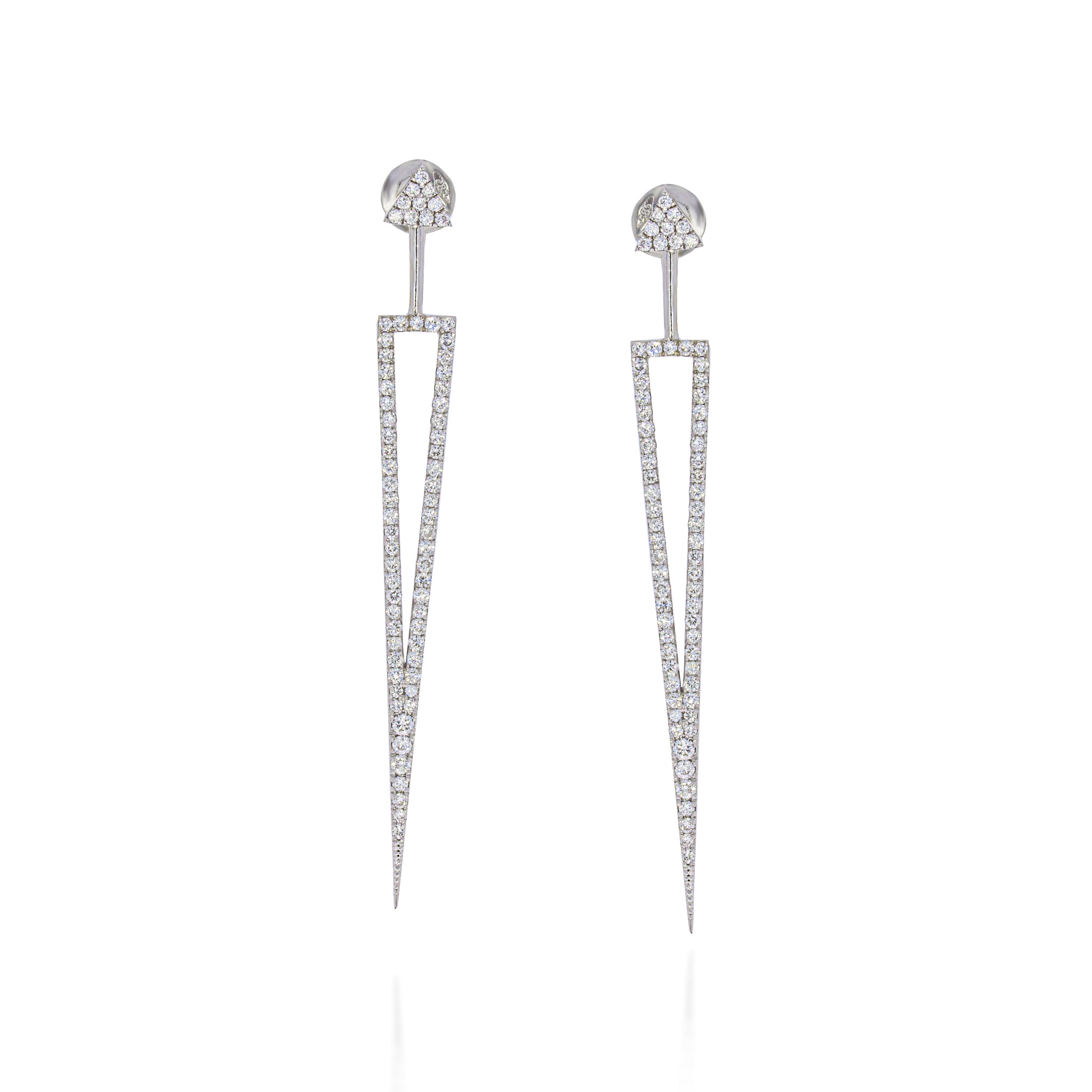 Amazing 18k white gold drop long triangular earrings, pave diamonds set with 1.13ct round diaomnds. Can also waer it as a stud earing.