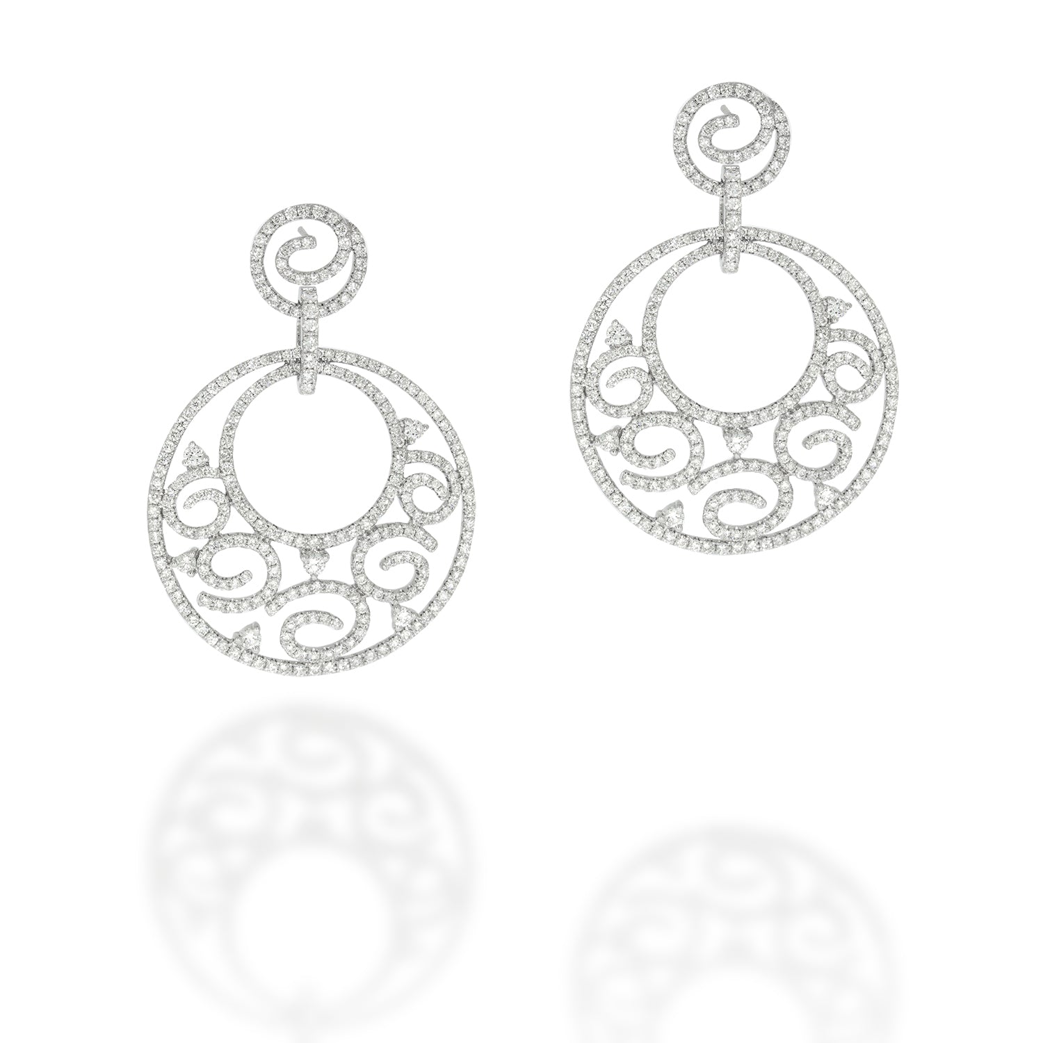 Filigree Swirl Round Drop Dangle Diamonds Earrings, Large circles in 18K white gold set with 530 diamonds 3.17 carat. Vintage style.