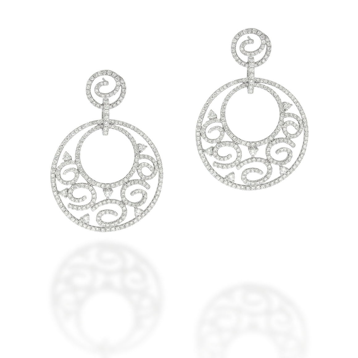 Filigree Swirl Round Drop Dangle Diamonds Earrings, Large circles in 18K white gold set with 530 diamonds 3.17 carat. Vintage style.