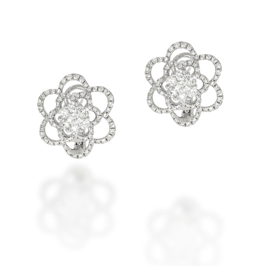 Open Petal Flower Stud Diamonds Earrings in 18K white gold set with 158 diamonds. elegant pave stud erring. engagement / weeding earrings..